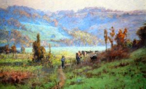 painting of a man walking down a trail with cattle herd