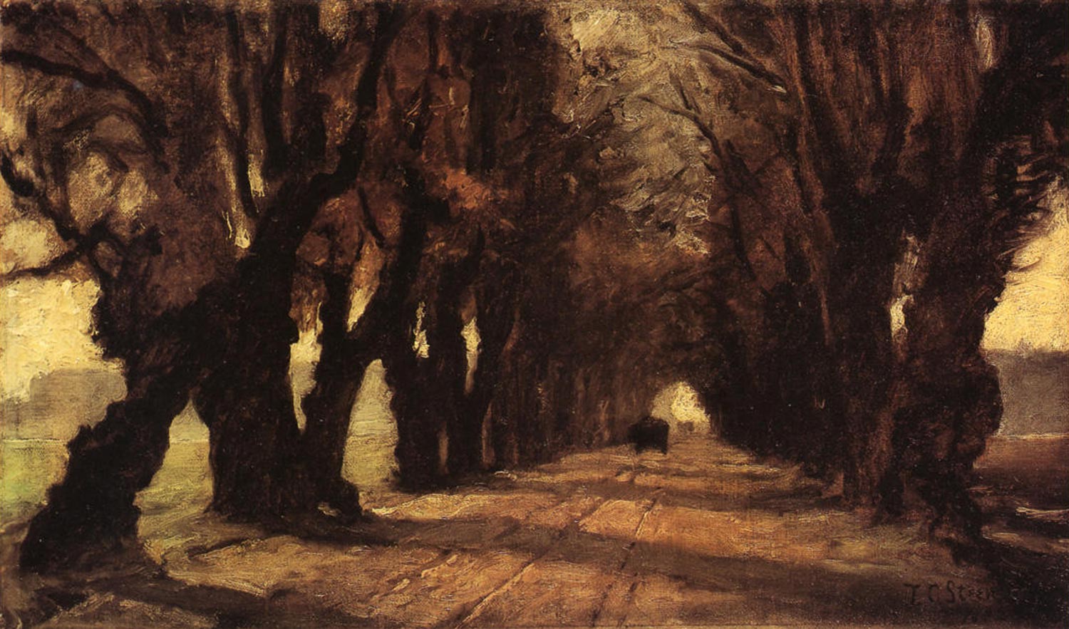oil painting of trees lining road in germany