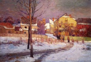 Oil painting of 1891 cityscape in winter