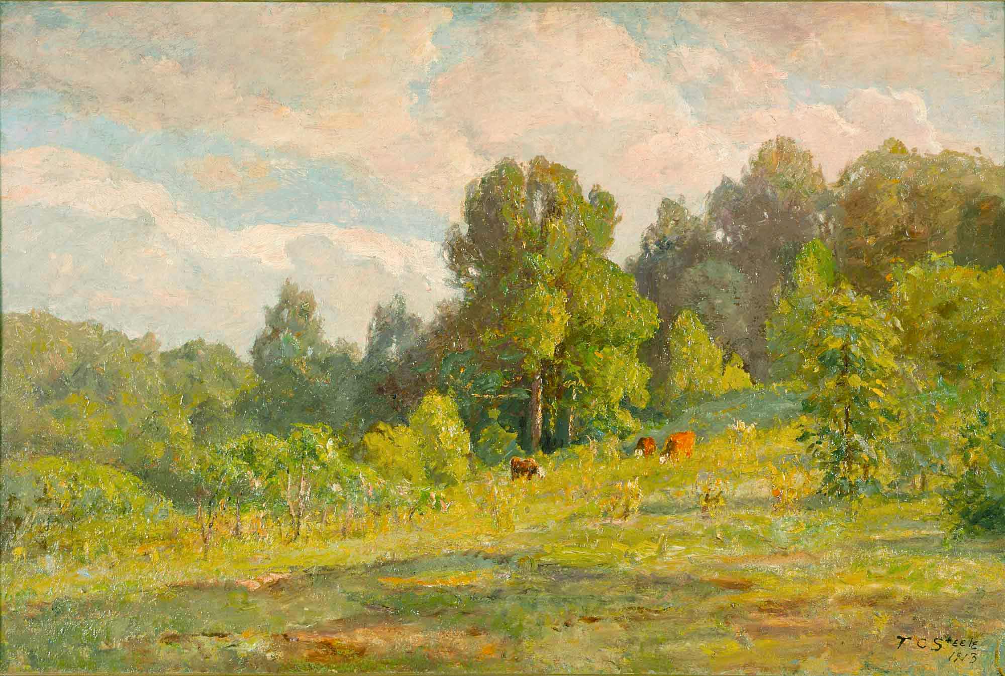 oil painting of cows in meadow in summer