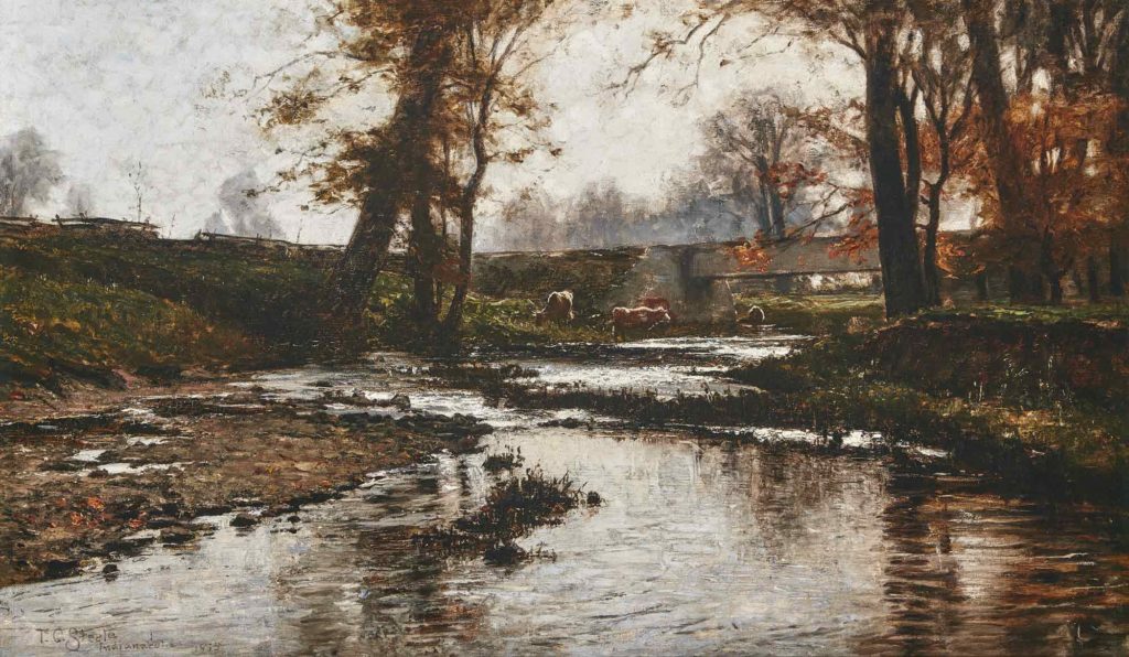 Oil painting of cows drinking from Indiana creek