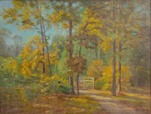 oil on canvas of dirt road leading to gate in the woods in yellow, green and blue hues