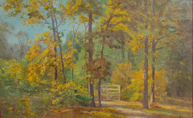 oil on canvas of dirt road leading to gate in the woods in yellow, green and blue hues