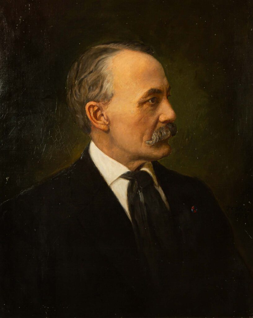 Oil painting of Myron Winslow Reed, profile facing right, in black jacket and black tie, with a rather distinguished mustache